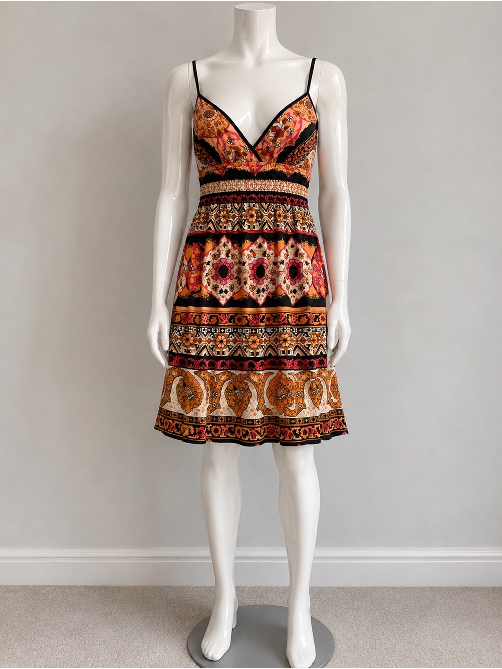 She's Cool Orange and Black Printed Spaghetti-Strap Mini Dress